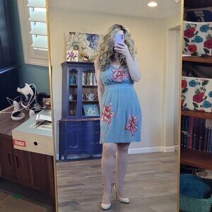 Anthropologie Women's Lil Sea Foam Blue Pink Red Sequin Accent Flower Dress 10